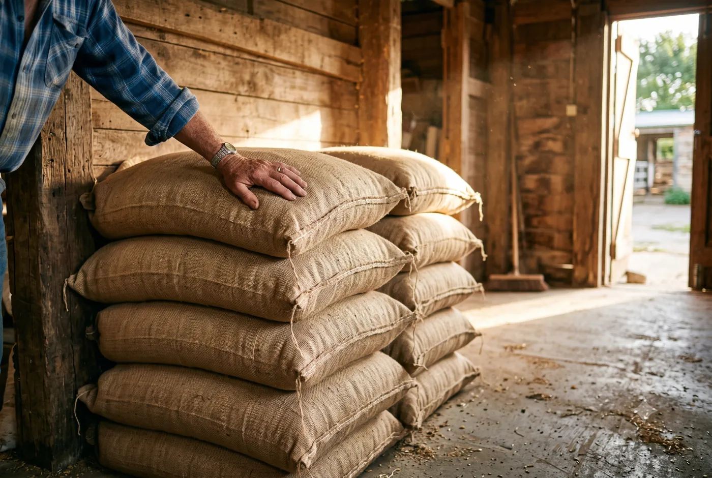 Sacos de alimento apilados en la bodega