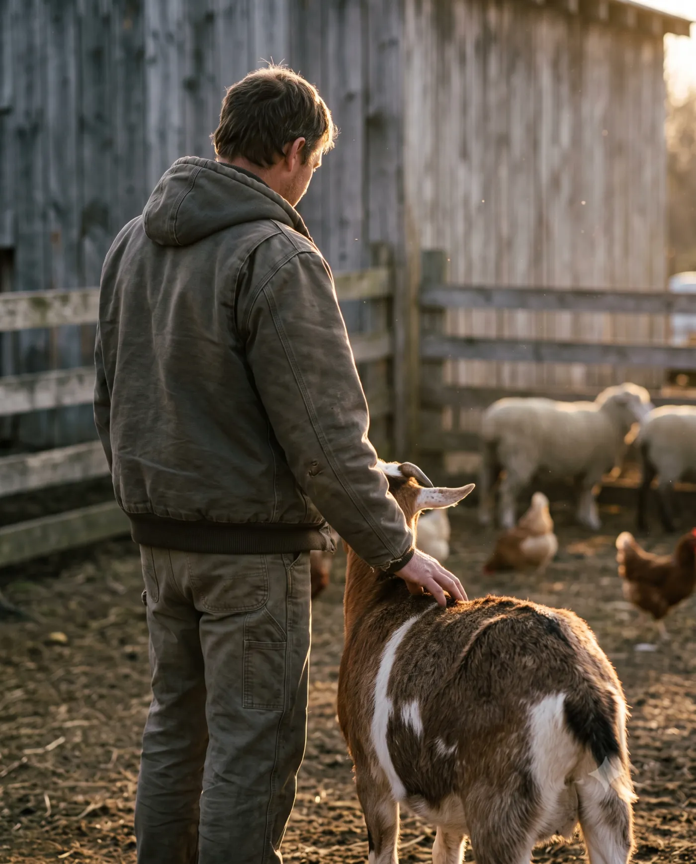 Productor con su cabra en el corral, con ovejas y gallinas detrás