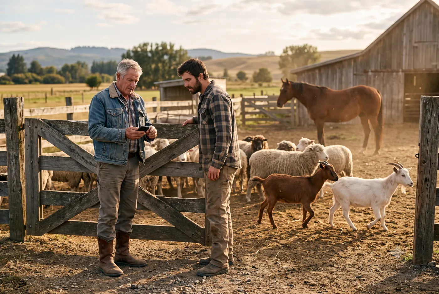 Dos productores en el portón, con ovejas, cabras y un caballo detrás